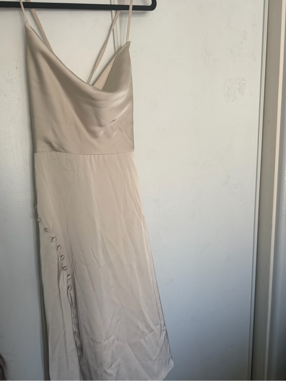 Azazie Cream Satin Slip Midi Dress with Side Button Detail
